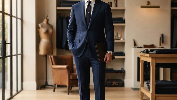 A man in a tailored navy Kahlon business suit in a menswear atelier