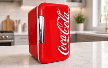 Coca-Cola branded mini fridge in glossy red on a marble kitchen countertop