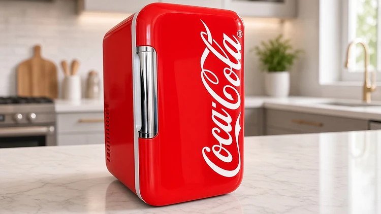 Coca-Cola branded mini fridge in glossy red on a marble kitchen countertop