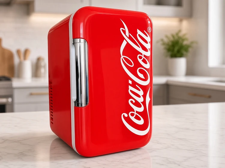 Coca-Cola branded mini fridge in glossy red on a marble kitchen countertop