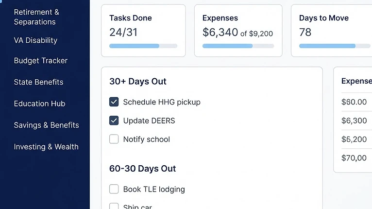 PCS Command Center screen showing a move task timeline by phase, expense tracking, and countdown stat cards with generic data