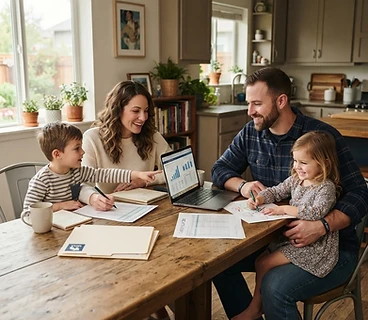 Military family sitting together at their kitchen table reviewing finances and career plans on a laptop