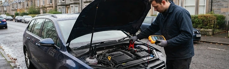 Battery tester connected to a car battery with the bonnet open on a residential street
