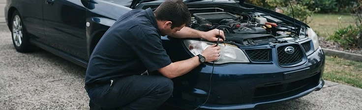 Technician using a test light on a vehicle earth point with the bonnet open