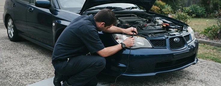 Technician testing an earth point under the bonnet of a car on a driveway