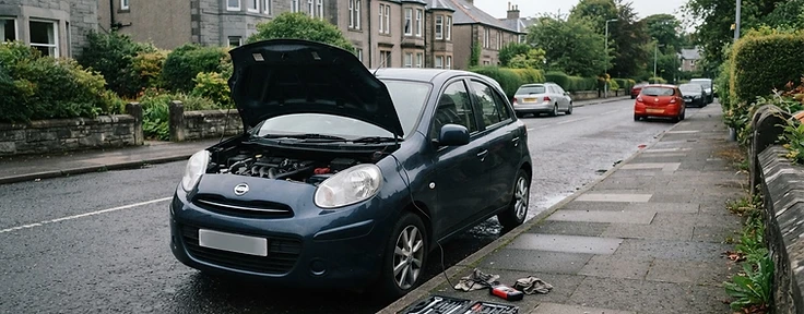 Car parked with the bonnet open on a quiet Renfrewshire residential street with tools beside it