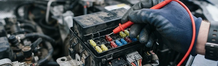 Multimeter probe tip testing a fuse terminal inside a vehicle fuse box