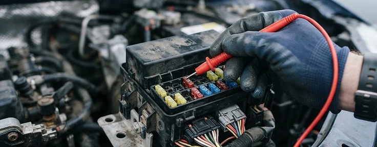 Multimeter probe testing terminals inside a vehicle fuse box