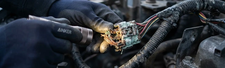 Close-up of a vehicle wiring loom with exposed copper strands and loom tape being examined