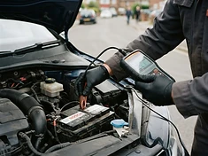 Hands connecting a diagnostic scanner to a car's battery at the roadside