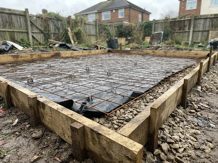 Steel reinforcement mesh laid inside timber shuttering