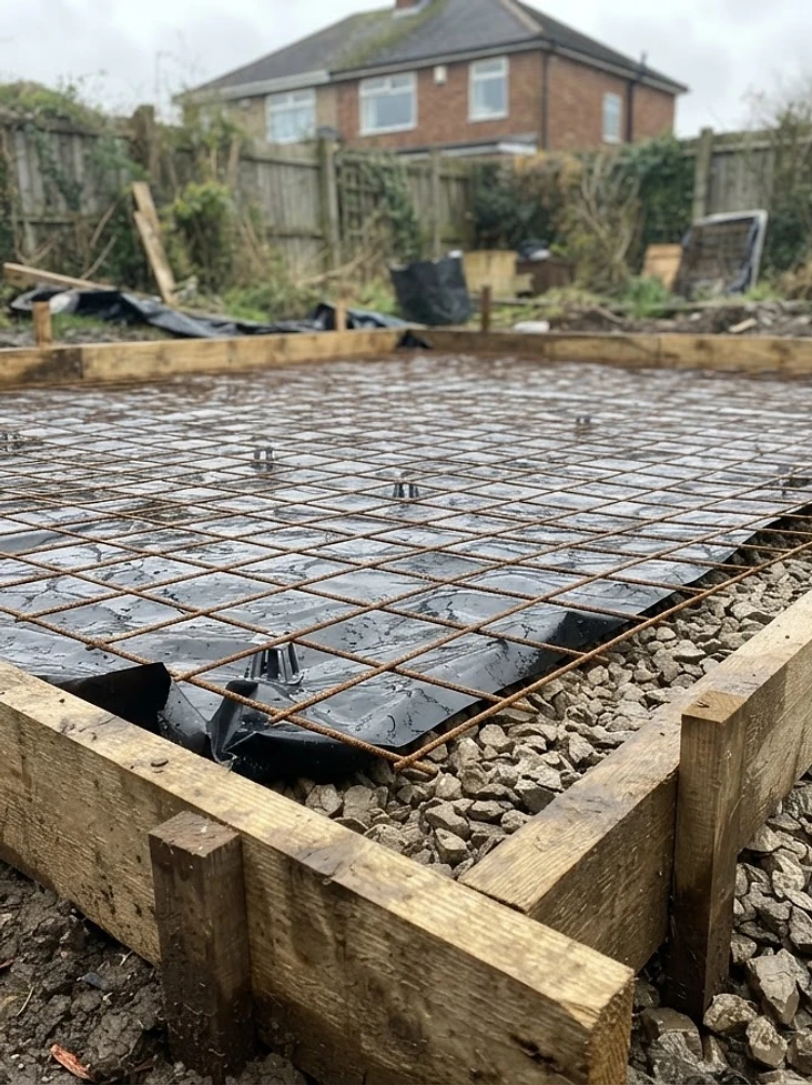 Reinforcement mesh laid within shuttering before concrete