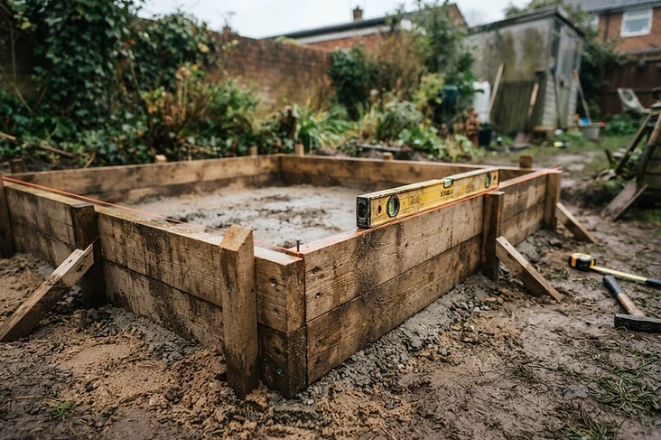 Timber shuttering set out to level on a prepared base
