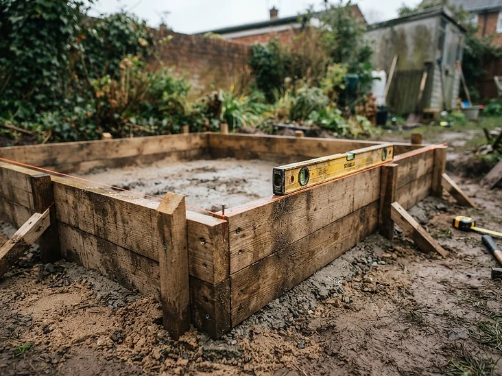 Timber shuttering set out on a prepared sub-base