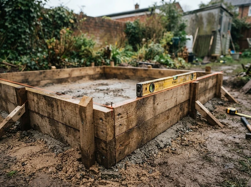 Timber shuttering set out on a prepared concrete base