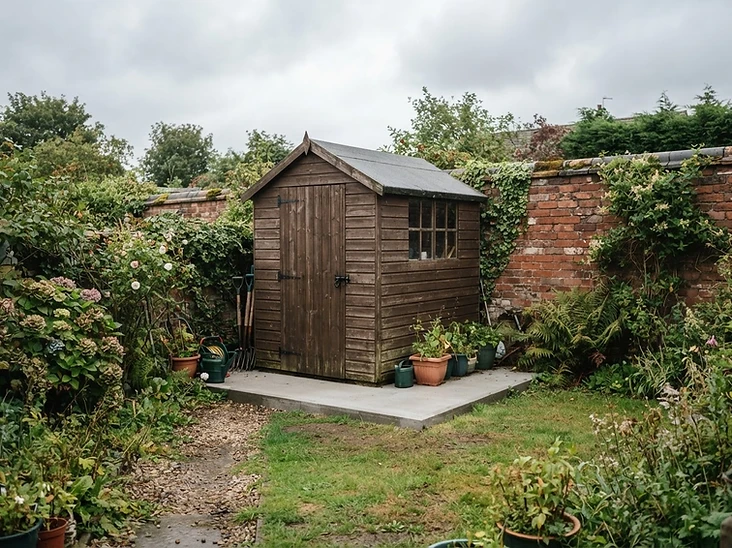 Timber shed on a neat concrete base in a UK garden
