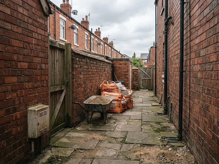 Narrow side access path between terraced houses