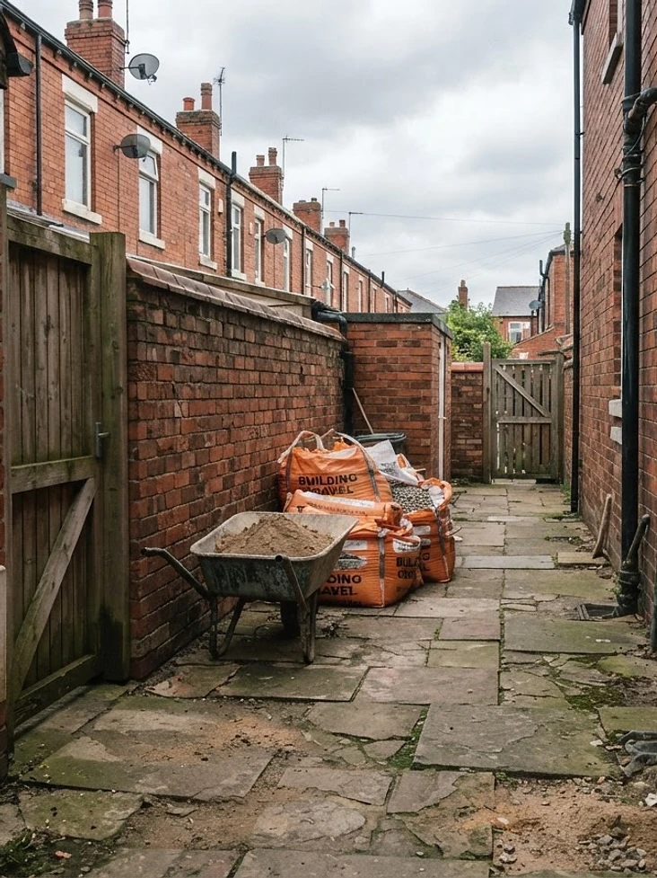 Narrow side access between two terraced houses