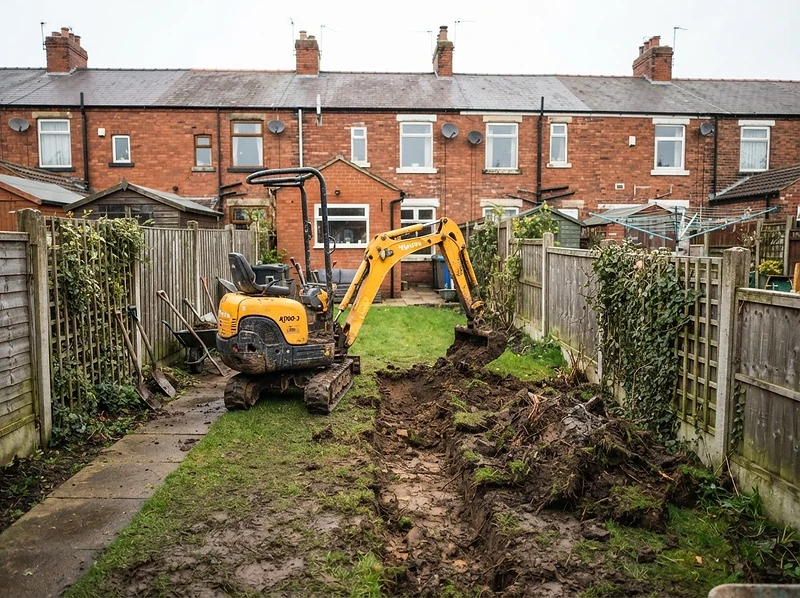 Mini digger excavating a small domestic site