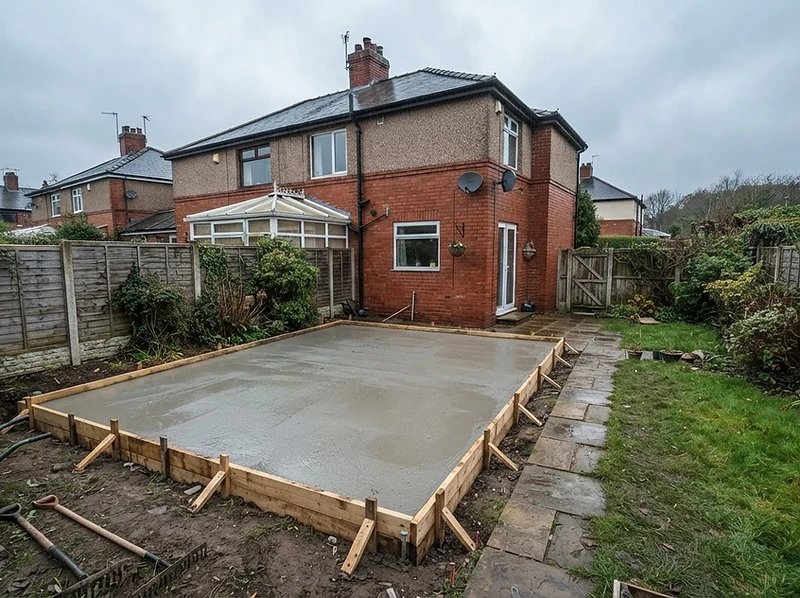 Concrete base with timber shuttering in a Burnley garden
