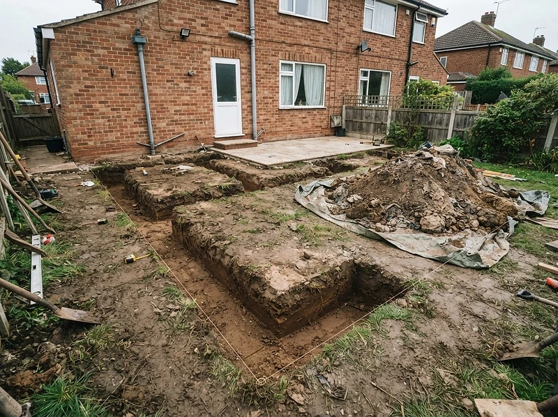 Excavated strip foundation trenches ready for concrete footings