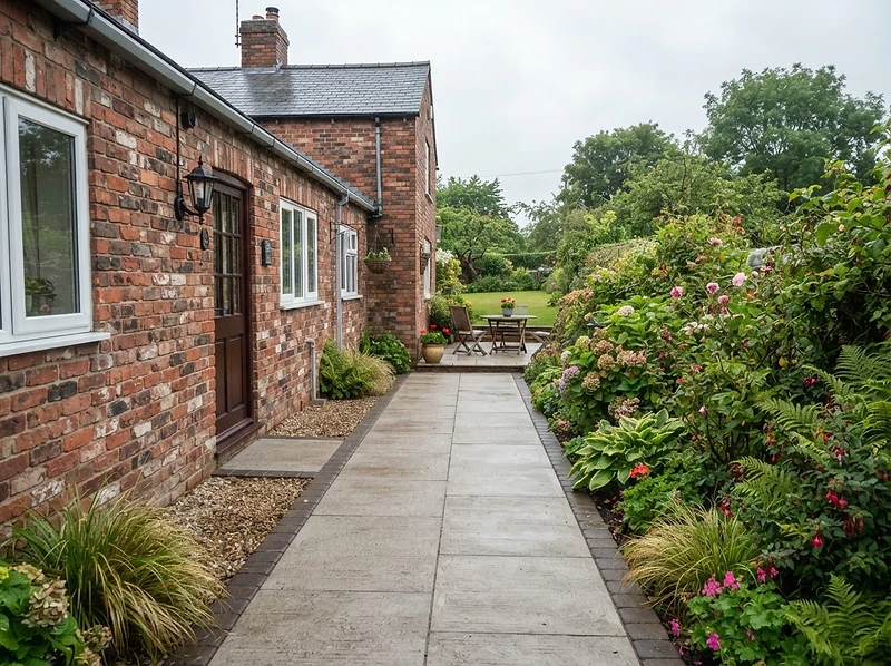 Concrete garden path running alongside a UK brick house