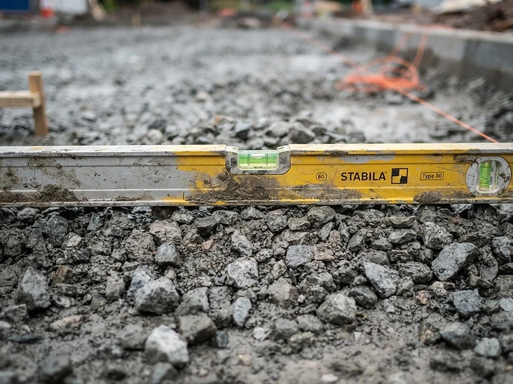Compacted crushed stone sub-base with a spirit level resting on top