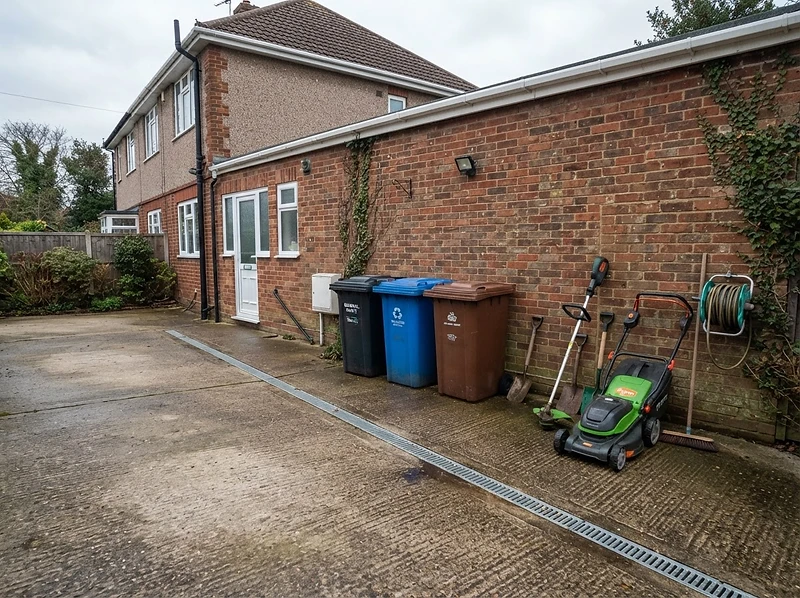 Concrete hardstanding area beside a UK house used for bins and storage