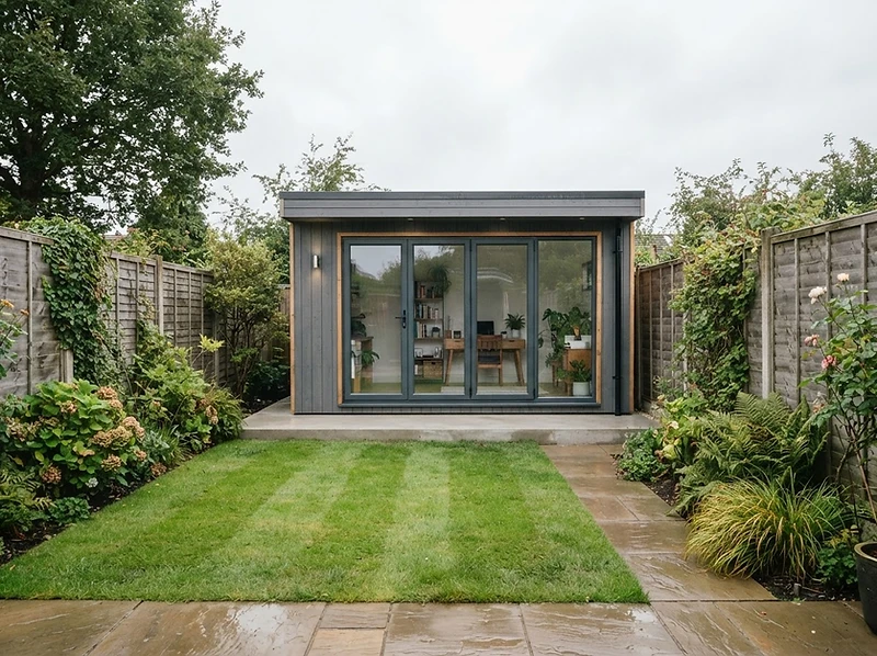 Garden room on a level concrete slab base in a UK garden