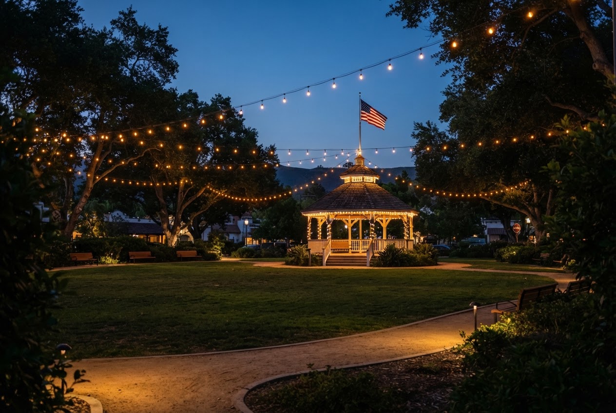 Community gathering space in Oroville at dusk