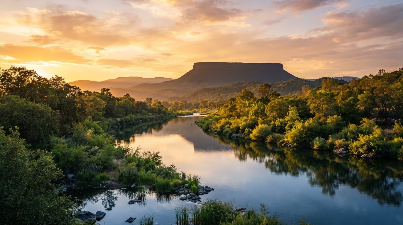 Feather River and Table Mountain in Butte County at golden hour