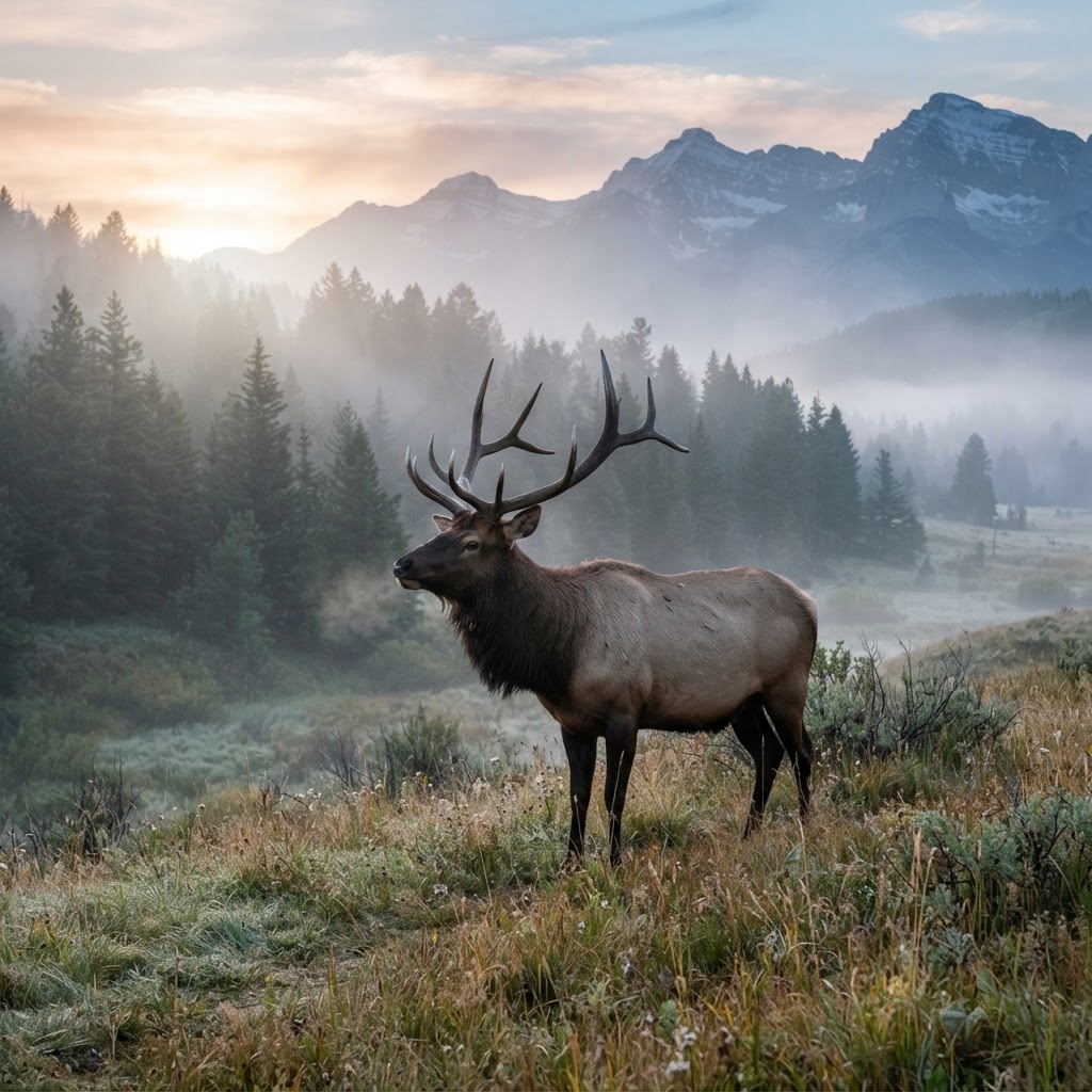 A bull elk in its native Montana valley habitat