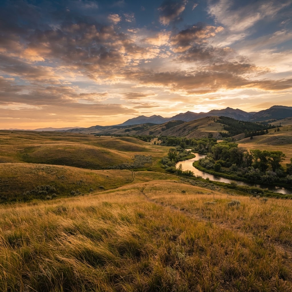 Protected Montana grassland and foothills at sunset