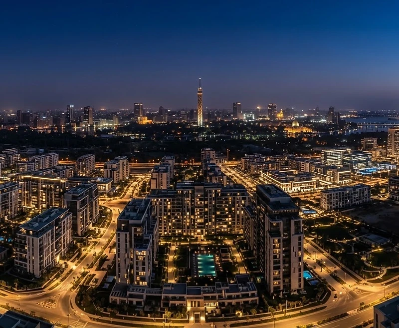 Aerial view of Cairo skyline at dusk