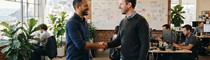 Two tech professionals in smart casual attire smiling and shaking hands in a modern San Francisco tech office