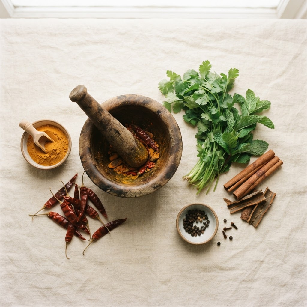 Fresh herbs and spices arranged on warm cream linen