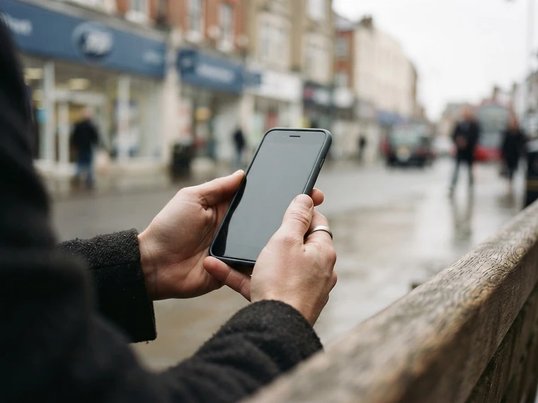 A person holding a mobile phone on a British high street