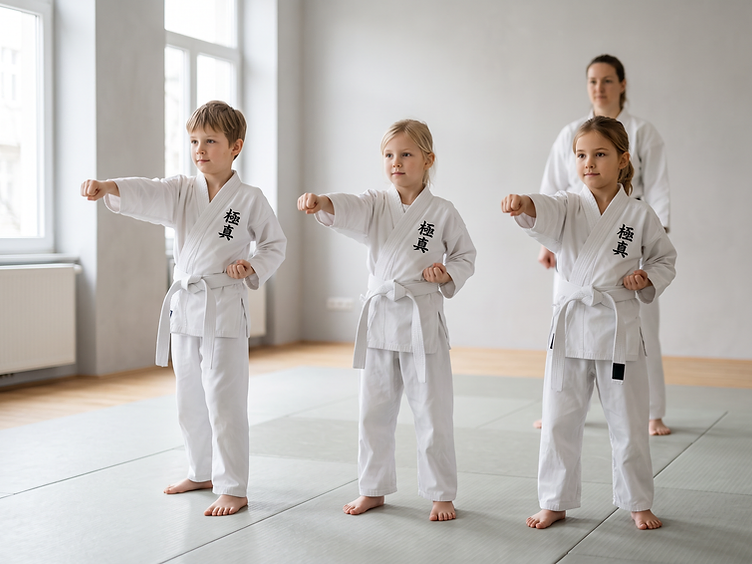 AI-generated illustration of a karate training scene, not a recording from a class