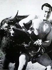 Mas Oyama ringt mit einem Stier — historische Schwarzweißaufnahme