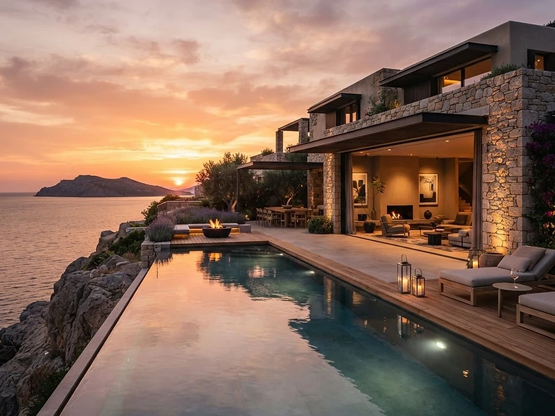Villa con piscina infinita al atardecer