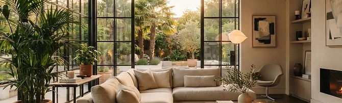 Salón de lujo contemporáneo con sofá beige y luz cálida
