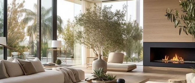 Salón con chimenea de piedra y vistas al bosque