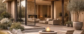 Patio exterior con fogata al anochecer