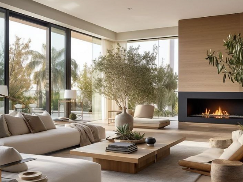 Salón luminoso con chimenea y ventanal