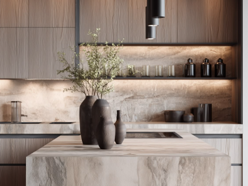 Cocina con isla central de mármol