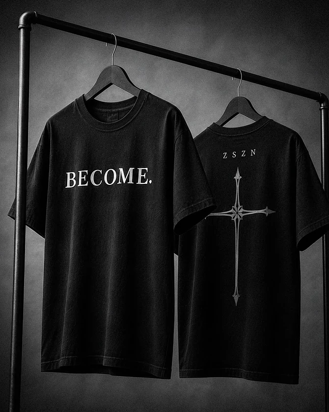 Black heavyweight t-shirt with white "BECOME." text