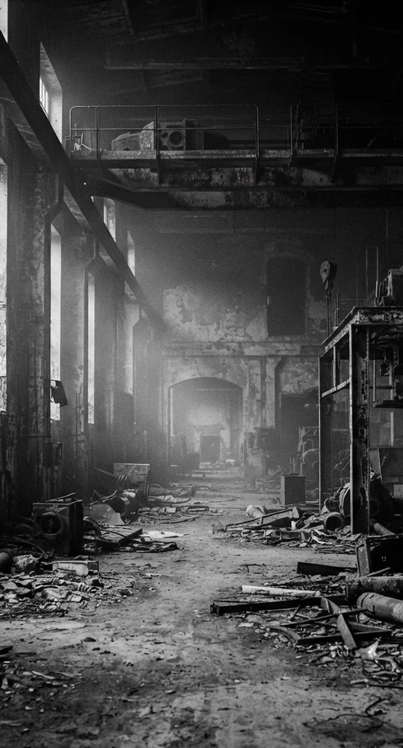 Abandoned industrial factory interior, dramatic light