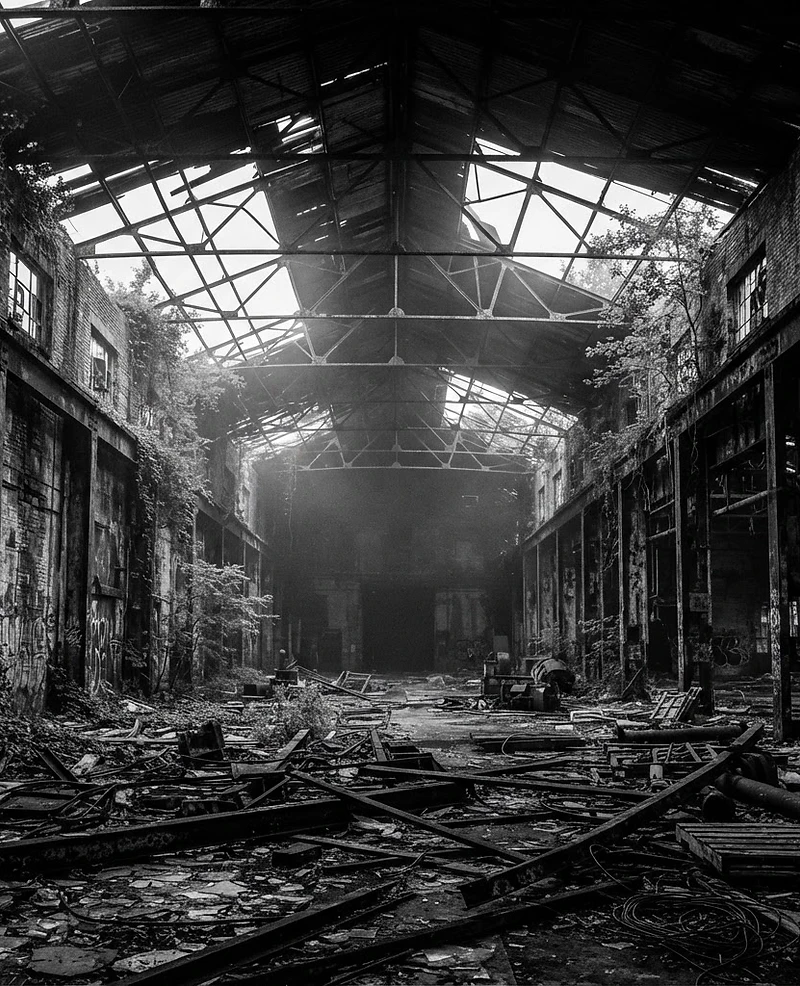 Abandoned warehouse with collapsed roof and shafts of light