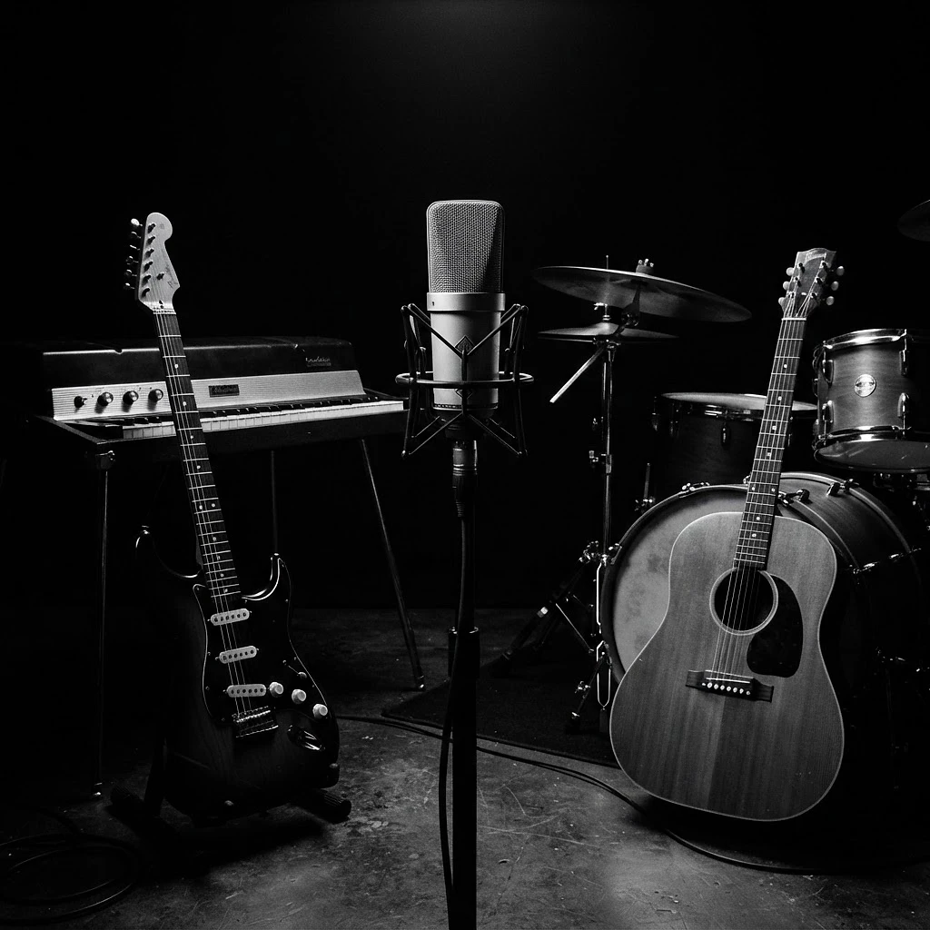 Studio instrument collage — microphone, guitars, piano, and drums