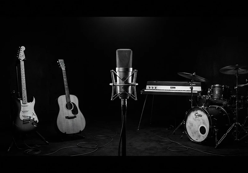 Studio instrument collage — microphone, guitars, piano, and drums